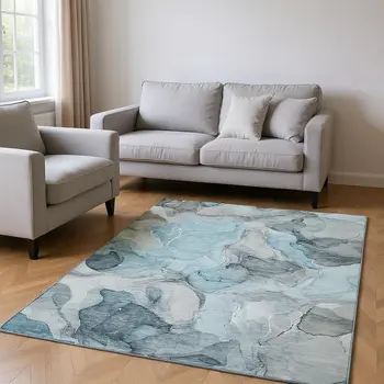 9' X 12' Teal And Gray Abstract Washable Area Rug With UV Protection