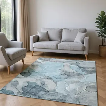 10' X 14' Teal And Gray Abstract Washable Area Rug With UV Protection