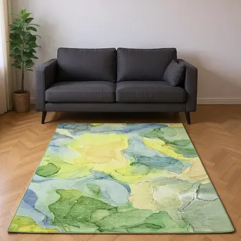 5' X 8' Yellow Blue And Beige Abstract Washable Area Rug With UV Protection