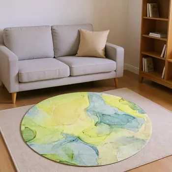 8' Yellow Blue And Beige Abstract Washable Round Rug With UV Protection