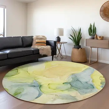 8' Yellow Blue And Beige Abstract Washable Round Rug With UV Protection