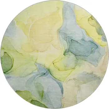 8' Yellow Blue And Beige Abstract Washable Round Rug With UV Protection