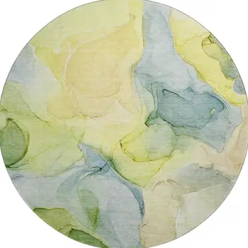 8' Yellow Blue And Beige Abstract Washable Round Rug With UV Protection