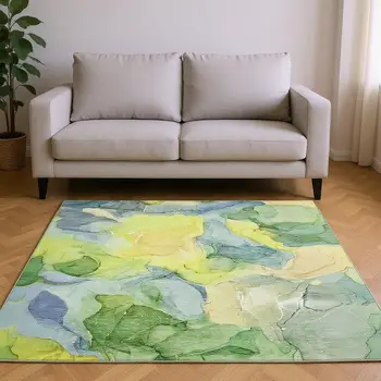 9' X 12' Yellow Blue And Beige Abstract Washable Area Rug With UV Protection