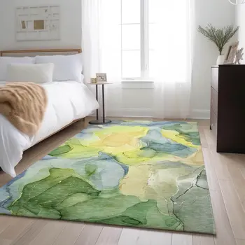9' X 12' Yellow Blue And Beige Abstract Washable Area Rug With UV Protection
