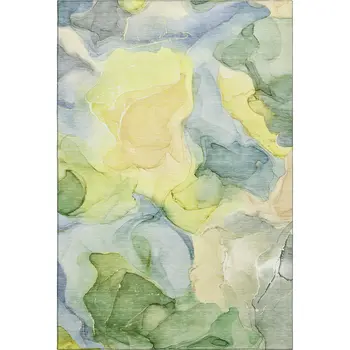 9' X 12' Yellow Blue And Beige Abstract Washable Area Rug With UV Protection