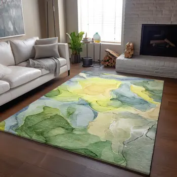 9' X 12' Yellow Blue And Beige Abstract Washable Area Rug With UV Protection