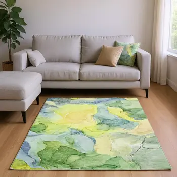 10' X 14' Yellow Blue And Beige Abstract Washable Area Rug With UV Protection
