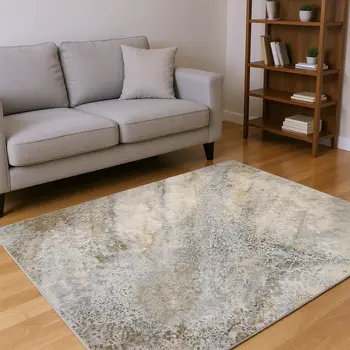 8' Beige And Ivory Abstract Washable Round Rug With UV Protection