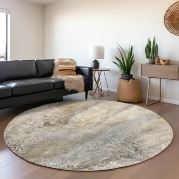 8' Beige And Ivory Abstract Washable Round Rug With UV Protection