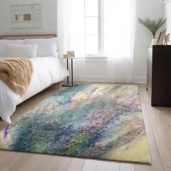 5' X 8' Blue Purple And Ivory Abstract Washable Area Rug With UV Protection