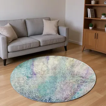 8' Blue Purple And Ivory Abstract Washable Round Rug With UV Protection
