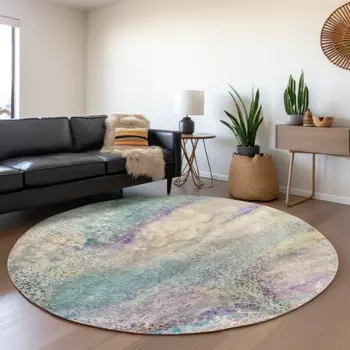 8' Blue Purple And Ivory Abstract Washable Round Rug With UV Protection
