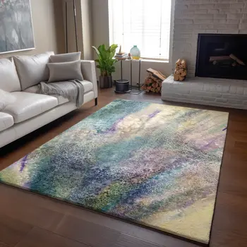 9' X 12' Blue Purple And Ivory Abstract Washable Area Rug With UV Protection