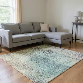 9' X 12' Blue Purple And Ivory Abstract Washable Area Rug With UV Protection