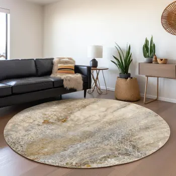 8' Brown And Ivory Abstract Washable Round Rug With UV Protection
