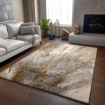 9' X 12' Brown And Ivory Abstract Washable Area Rug With UV Protection