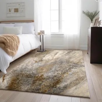 10' X 14' Brown And Ivory Abstract Washable Area Rug With UV Protection