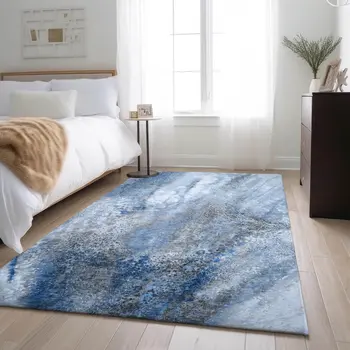 5' X 8' Navy Blue And Ivory Abstract Washable Area Rug With UV Protection