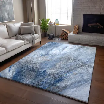 5' X 8' Navy Blue And Ivory Abstract Washable Area Rug With UV Protection