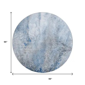 8' Navy Blue And Ivory Abstract Washable Round Rug With UV Protection