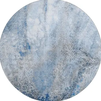 8' Navy Blue And Ivory Abstract Washable Round Rug With UV Protection
