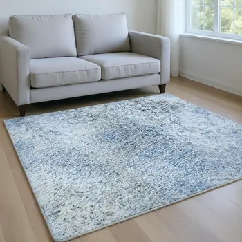 10' X 14' Navy Blue And Ivory Abstract Washable Area Rug With UV Protection
