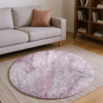 8' Pink And Ivory Abstract Washable Round Rug With UV Protection