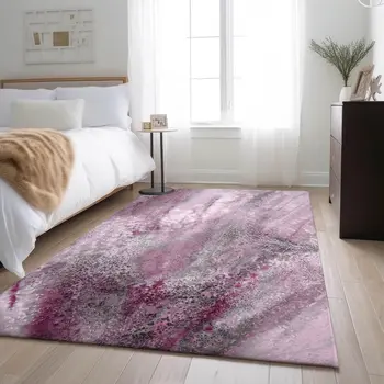 8' X 10' Pink And Ivory Abstract Washable Area Rug With UV Protection