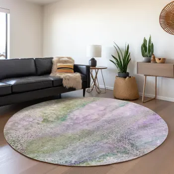8' Purple And Green Abstract Washable Round Rug With UV Protection