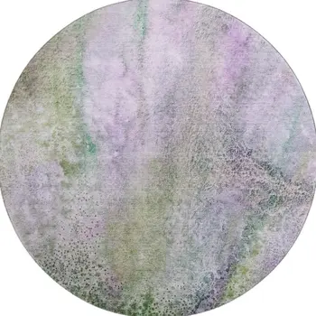 8' Purple And Green Abstract Washable Round Rug With UV Protection