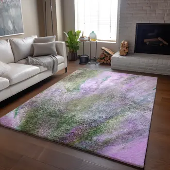 8' X 10' Purple And Green Abstract Washable Area Rug With UV Protection