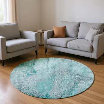 8' Teal And Ivory Abstract Washable Round Rug With UV Protection