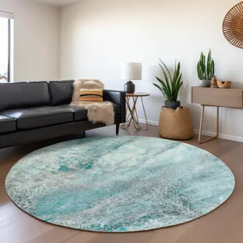 8' Teal And Ivory Abstract Washable Round Rug With UV Protection