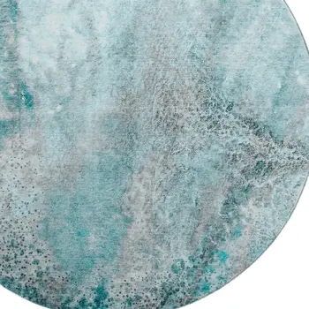 8' Teal And Ivory Abstract Washable Round Rug With UV Protection