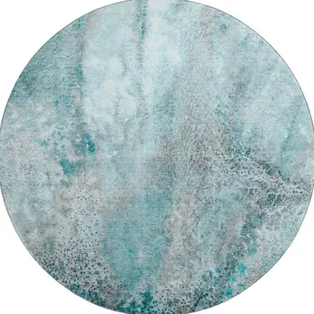 8' Teal And Ivory Abstract Washable Round Rug With UV Protection