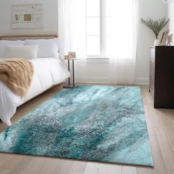 9' X 12' Teal And Ivory Abstract Washable Area Rug With UV Protection