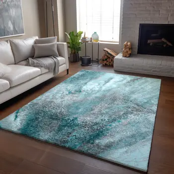 9' X 12' Teal And Ivory Abstract Washable Area Rug With UV Protection