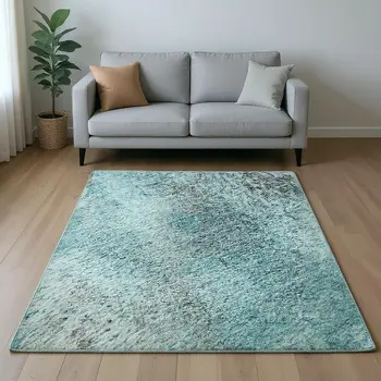 10' X 14' Teal And Ivory Abstract Washable Area Rug With UV Protection