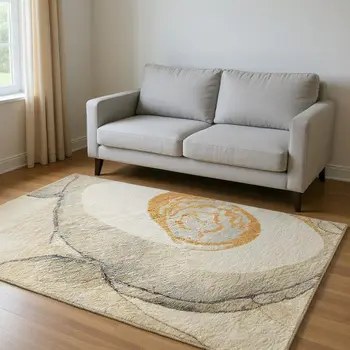 5' X 8' Beige Brown And Ivory Abstract Washable Area Rug With UV Protection