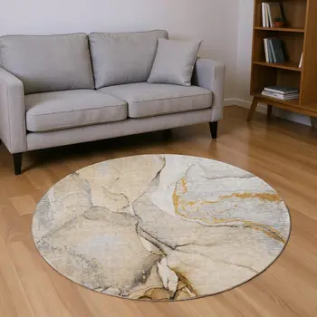 8' Beige Brown And Ivory Abstract Washable Round Rug With UV Protection