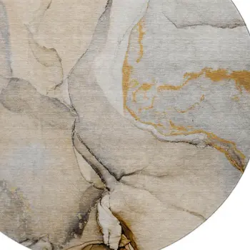 8' Beige Brown And Ivory Abstract Washable Round Rug With UV Protection
