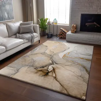 8' X 10' Beige Brown And Ivory Abstract Washable Area Rug With UV Protection