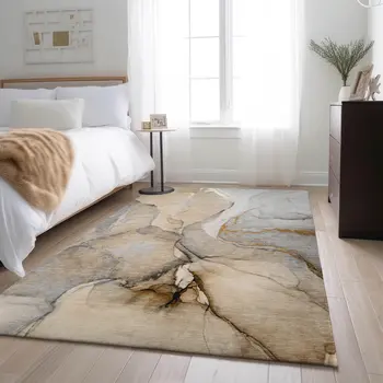 9' X 12' Beige Brown And Ivory Abstract Washable Area Rug With UV Protection