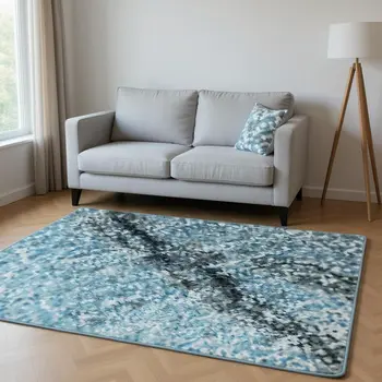 5' X 8' Blue Gray And Ivory Abstract Washable Area Rug With UV Protection
