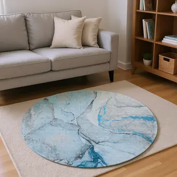 8' Blue Gray And Ivory Abstract Washable Round Rug With UV Protection
