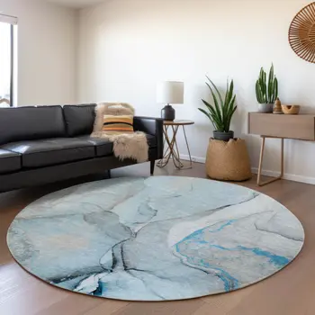 8' Blue Gray And Ivory Abstract Washable Round Rug With UV Protection