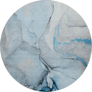 8' Blue Gray And Ivory Abstract Washable Round Rug With UV Protection