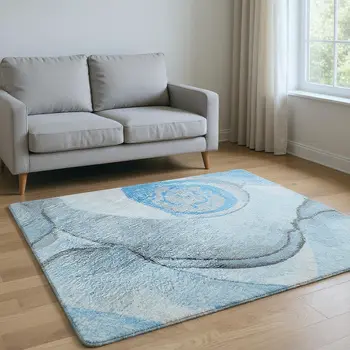 8' X 10' Blue Gray And Ivory Abstract Washable Area Rug With UV Protection