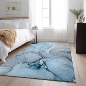 8' X 10' Blue Gray And Ivory Abstract Washable Area Rug With UV Protection